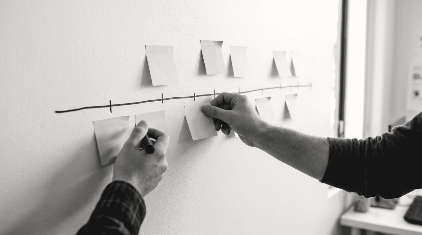 Deux mains placent des notes autocollantes le long d’une ligne du temps de projet dessinée au mur